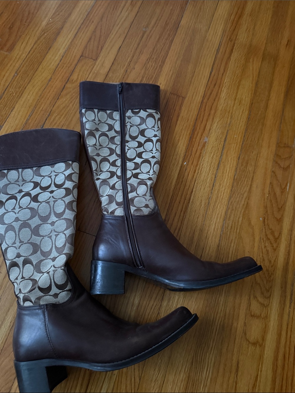 Coach Brown Leather & Signature Monogram Mid-Calf Heeled Boots